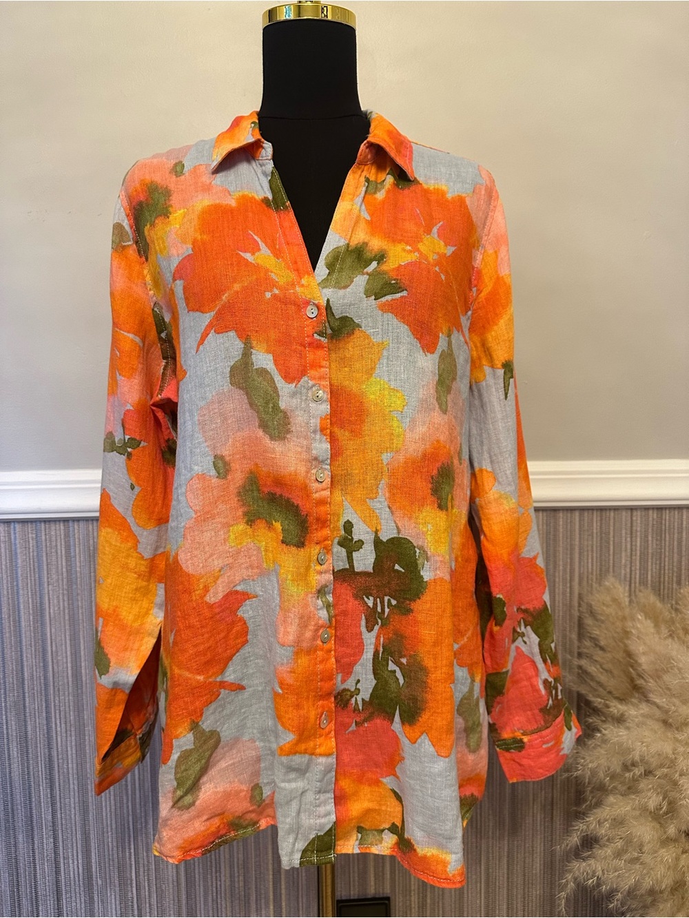 NWT Joie 100% Linen Floral Button Front Tunic Blouse Orange Coral Gray Large